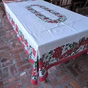 Vintage Sunweave Linen Corp Christmas Tablecloth 60" x 82", Retro Holiday